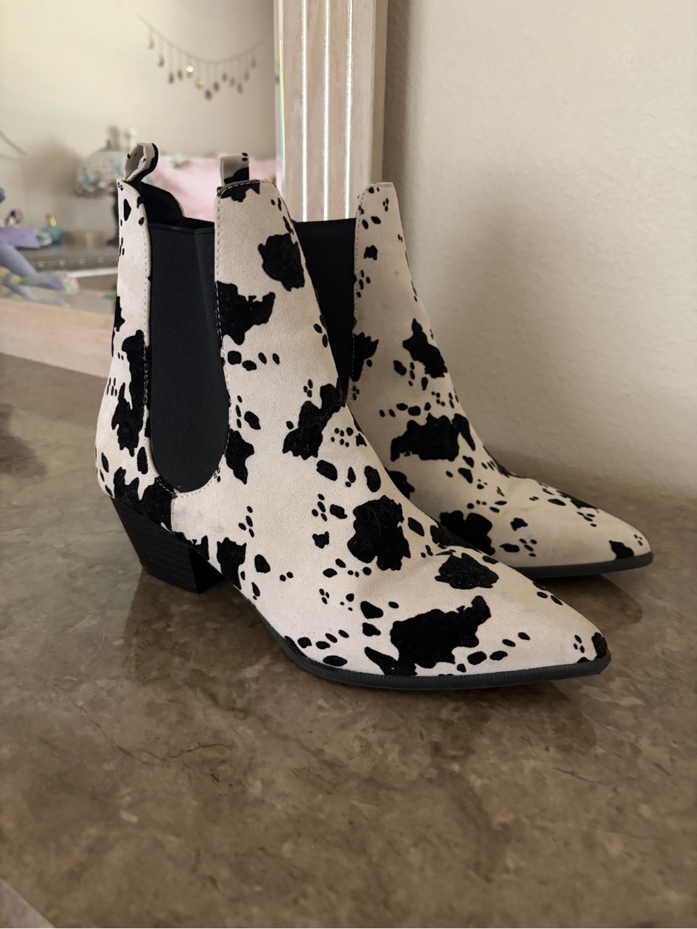 Qupid Cow Print Heeled Ankle Boots - Black & White